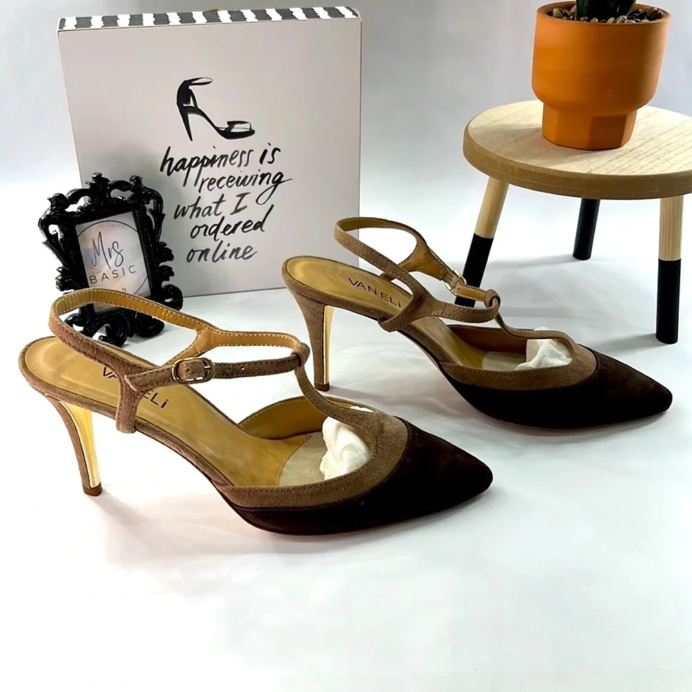Van Eli Brown and Tan T-Strap Color-Block Suede High Heels, Size 8